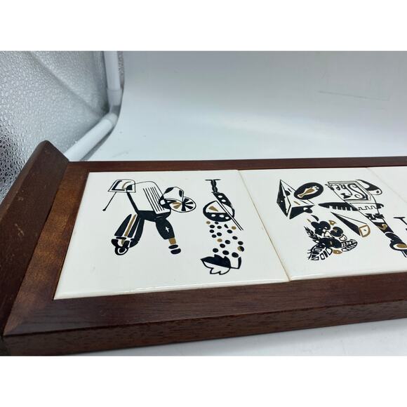 1950s Wood Framed 3 Tile Sansco Japan Serving‎ ,wall decor, Barware Mid Century - Picture 9 of 11
